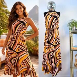 DROPS RIO Retro Swirl Print Halter Dress,‎ Women Size 42 / M, 70s Aesthetic